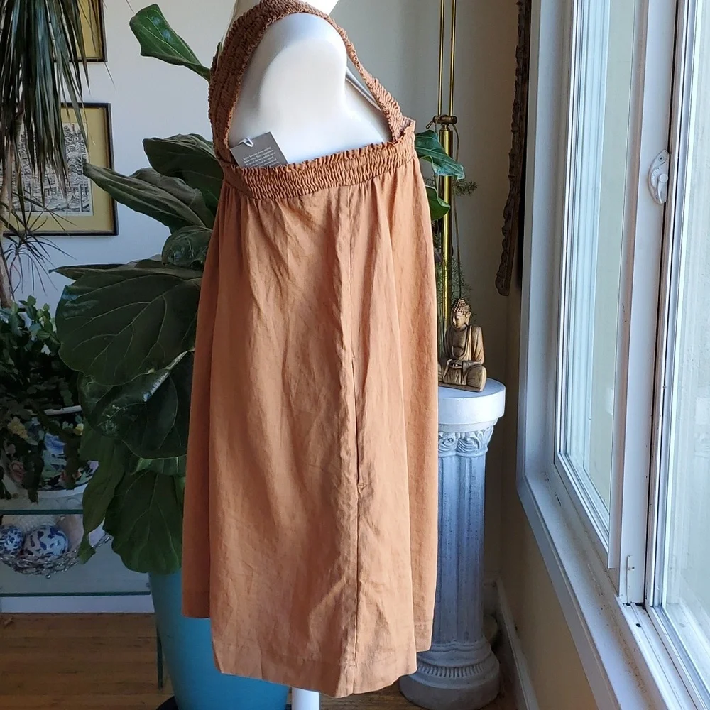 Everlane The Smocked Linen Dress Tawny Tan Brown Oversized Pockets Size … - Picture 8 of 12